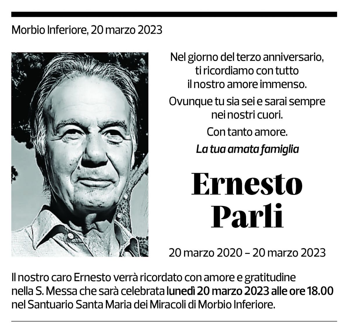 Annuncio funebre Ernesto Parli