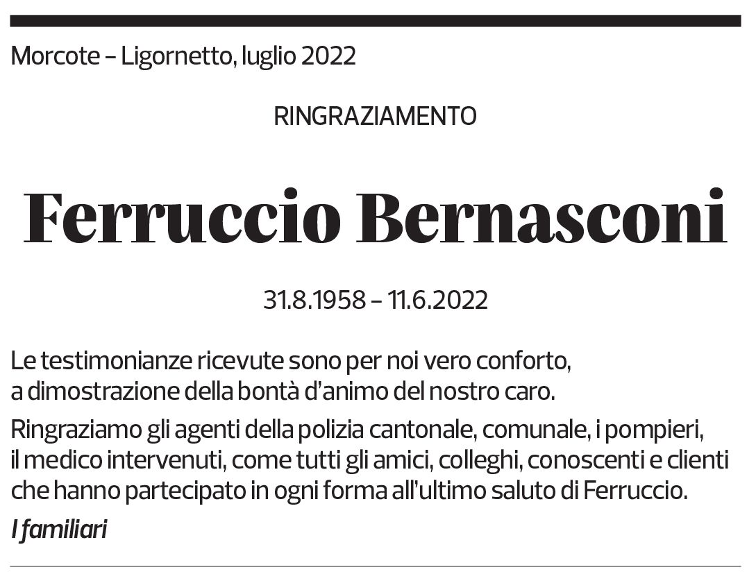 Annuncio funebre Ferruccio Bernasconi