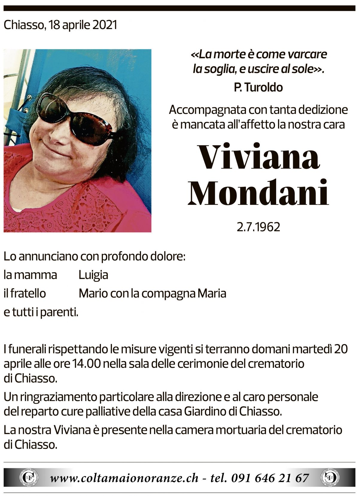 Annuncio funebre Viviana Mondani