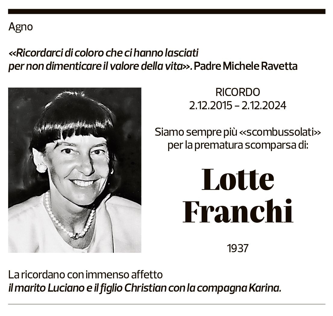 Annuncio funebre Lotte Franchi