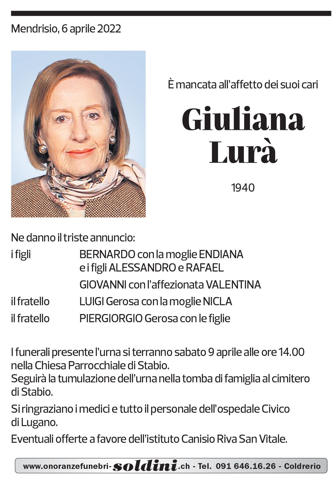 Annuncio funebre Giuliana Lurà