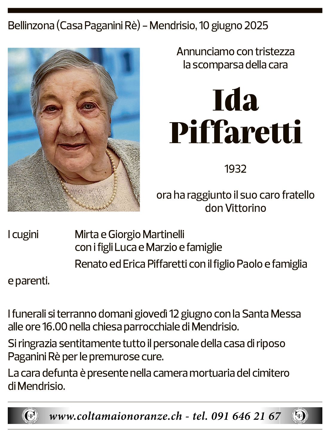 Annuncio funebre Ida Piffaretti