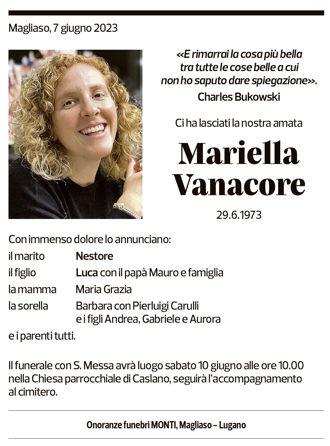 Annuncio funebre Mariella Vanacore