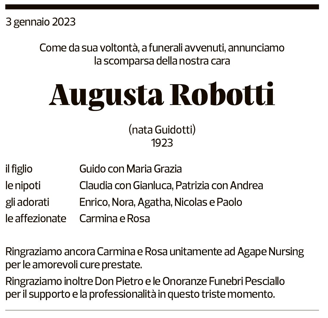 Annuncio funebre Augusta Robotti