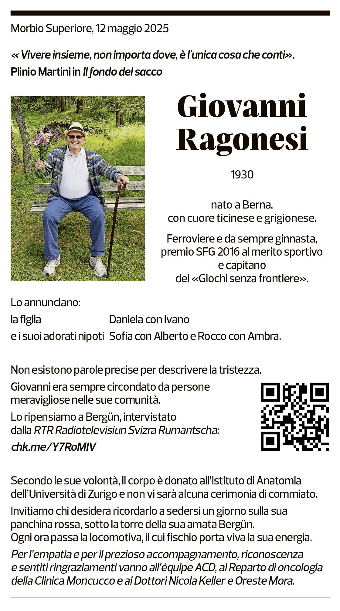 Annuncio funebre Giovanni Ragonesi