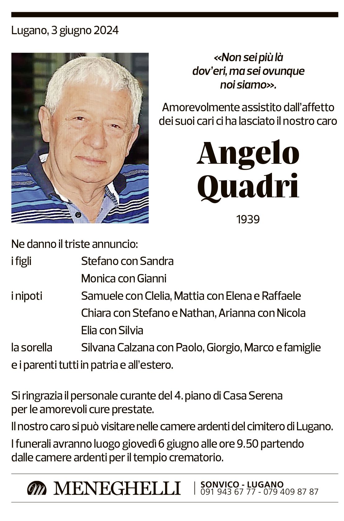 Annuncio funebre Angelo Quadri