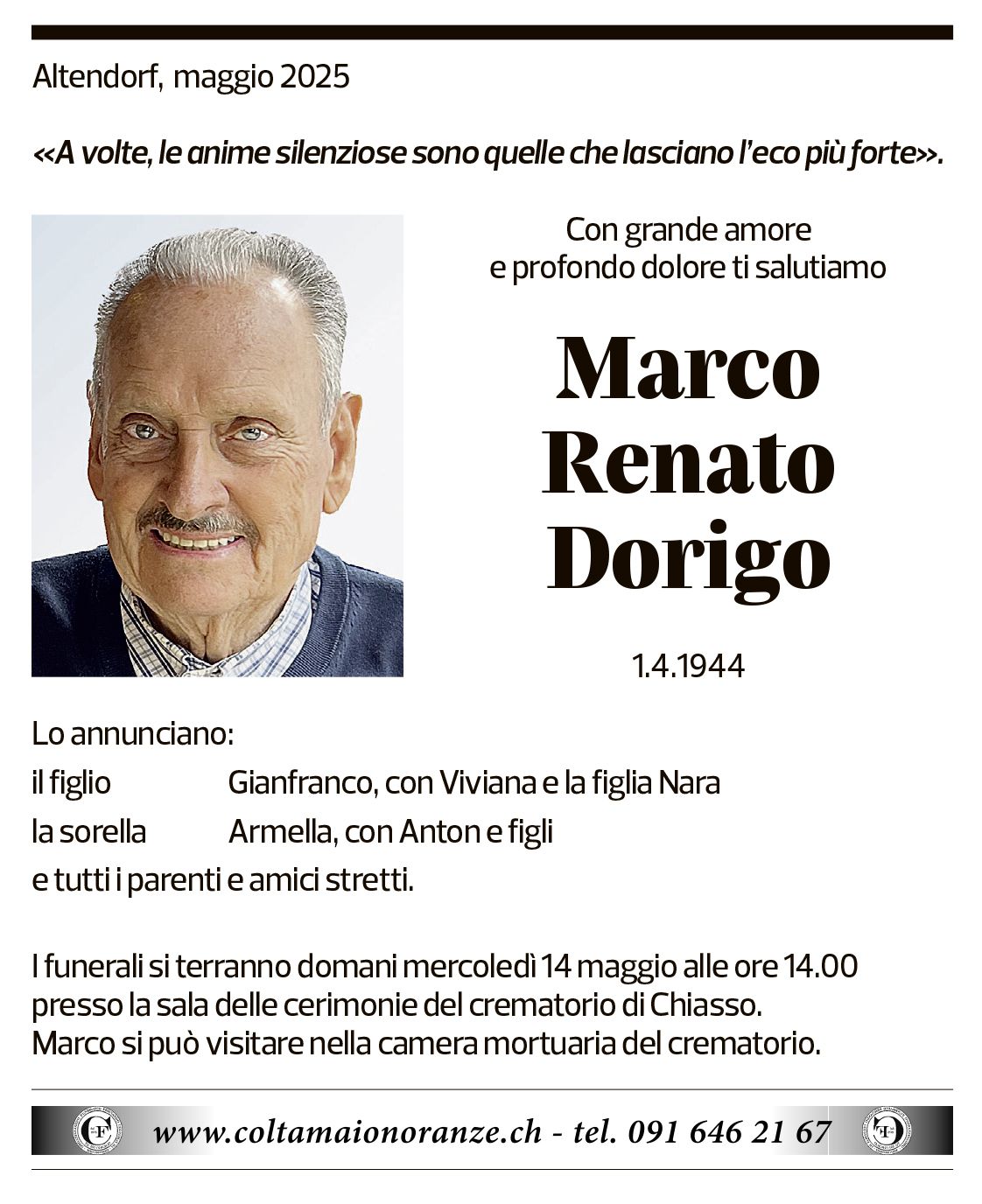 Annuncio funebre Marco Renato Dorigo