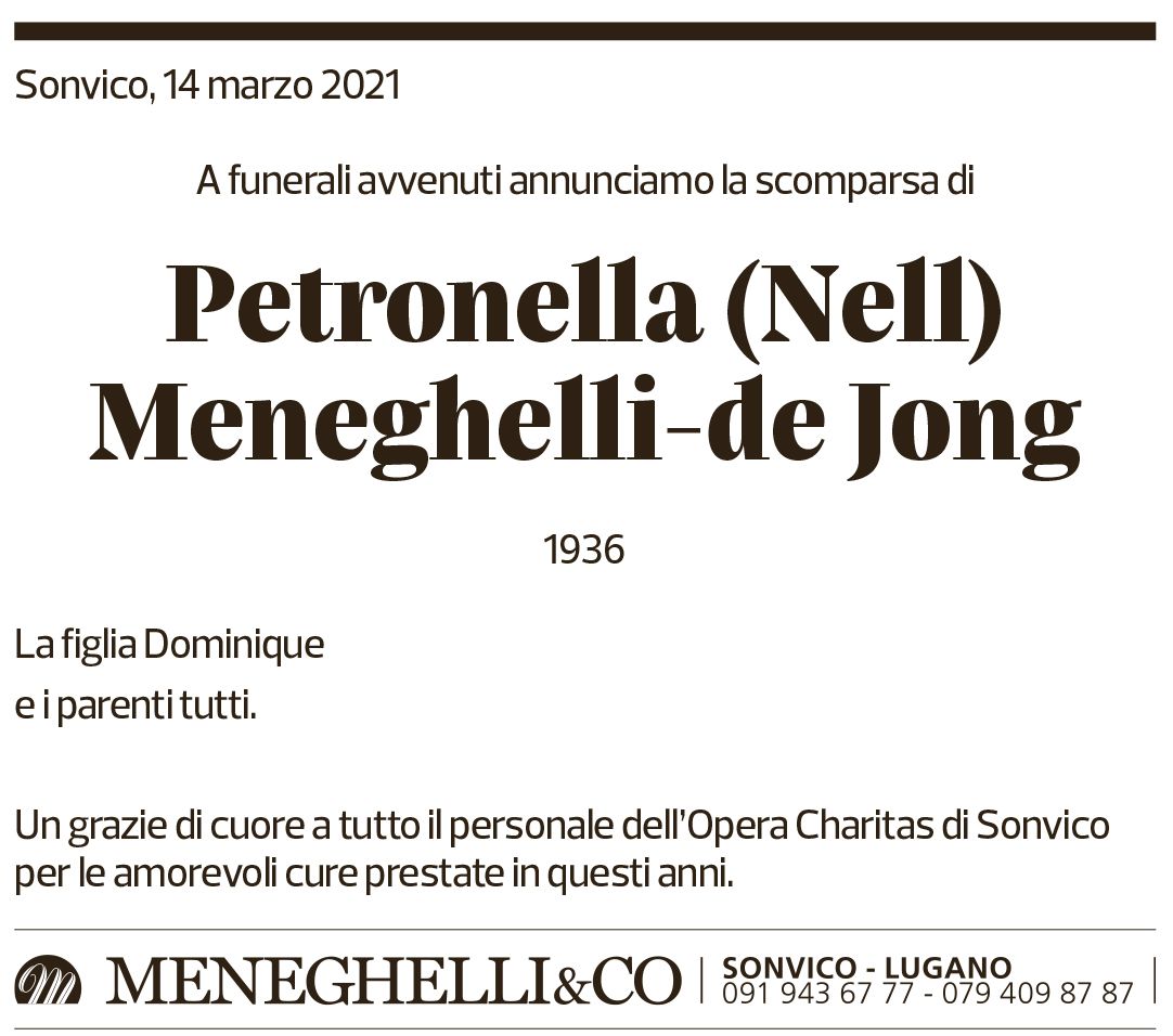 Annuncio funebre Petronella (nell) Meneghelli-de Jong