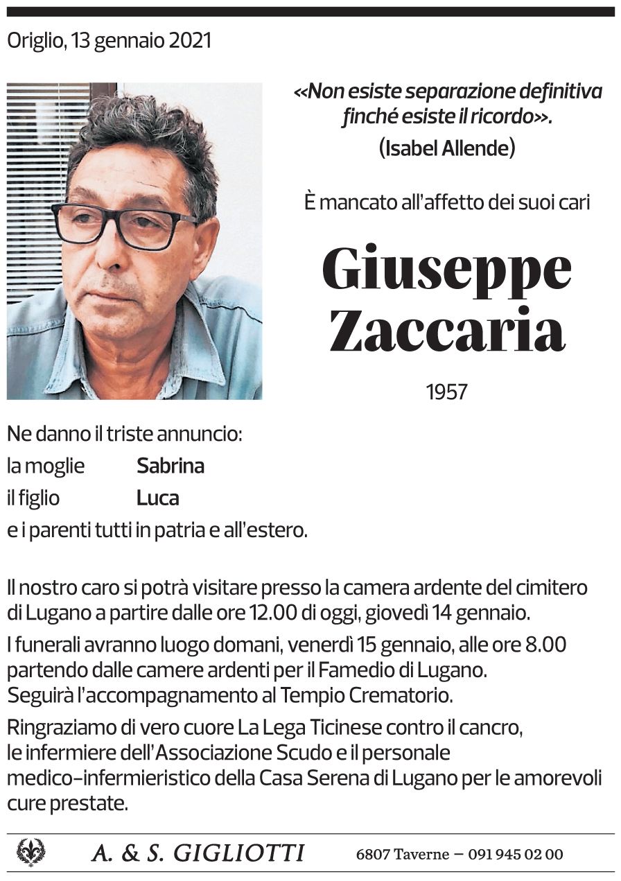 Annuncio funebre Giuseppe Zaccaria