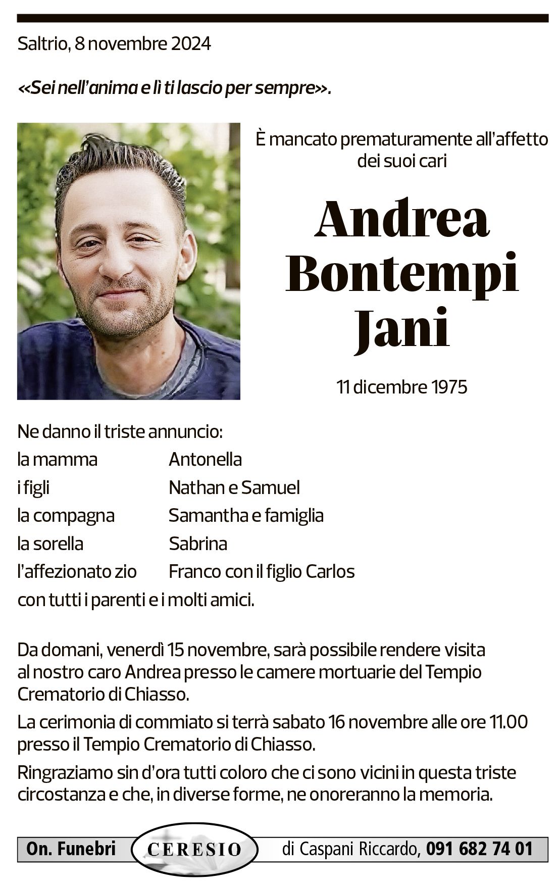 Annuncio funebre Andrea Bontempi Jani