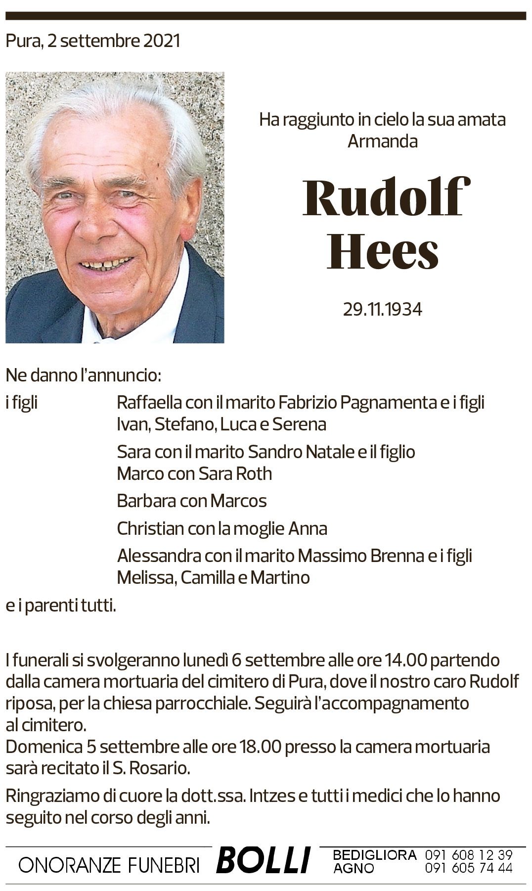 Annuncio funebre Rudolf Hees