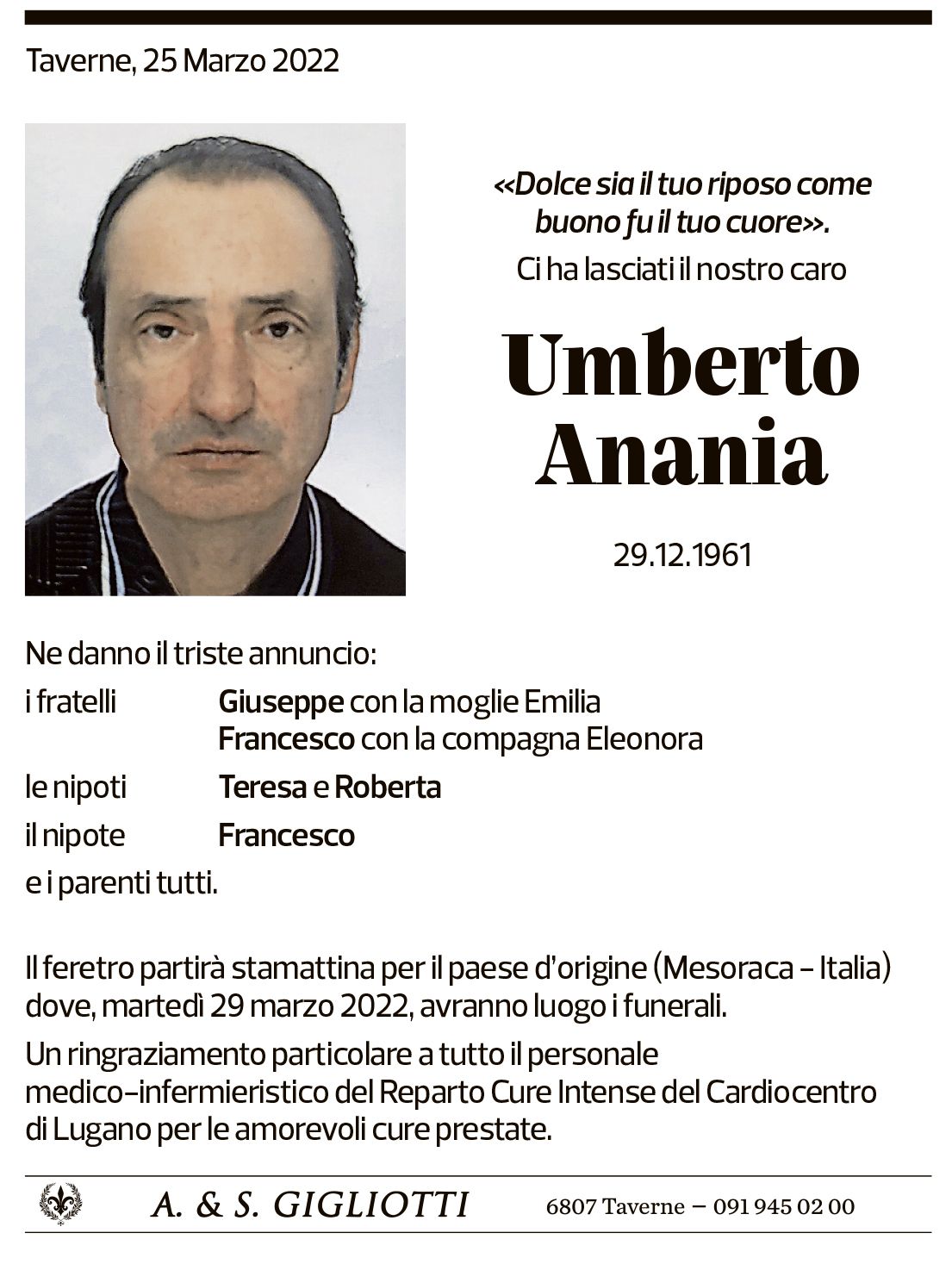 Annuncio funebre Umberto Anania