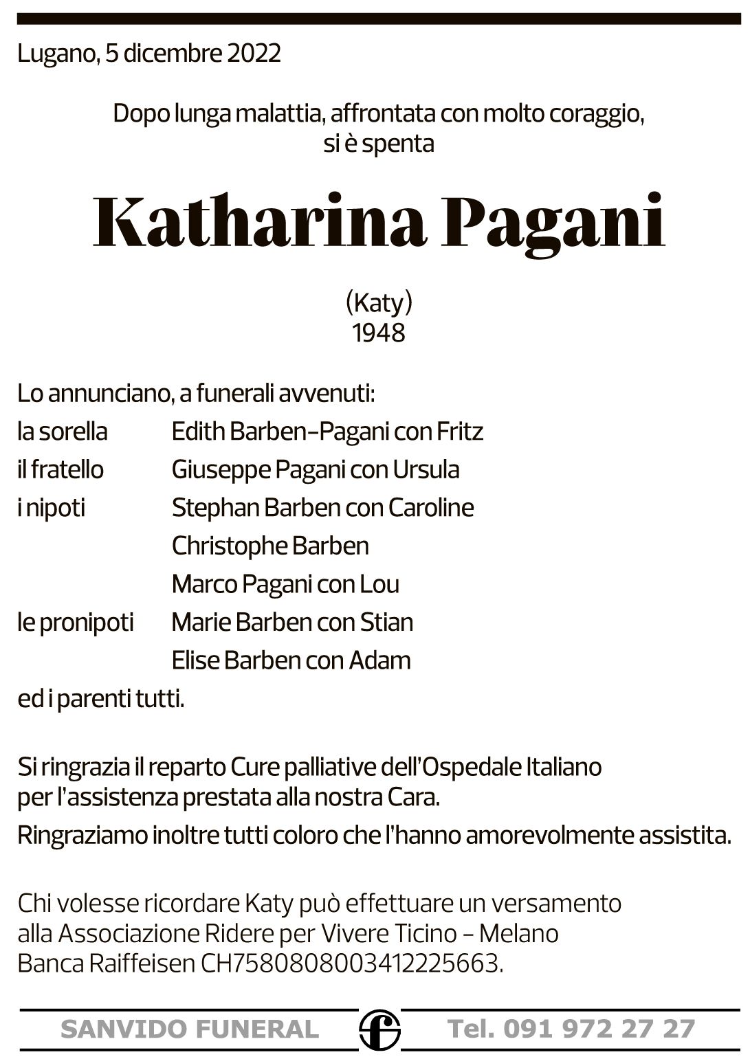 Annuncio funebre Katharina Pagani