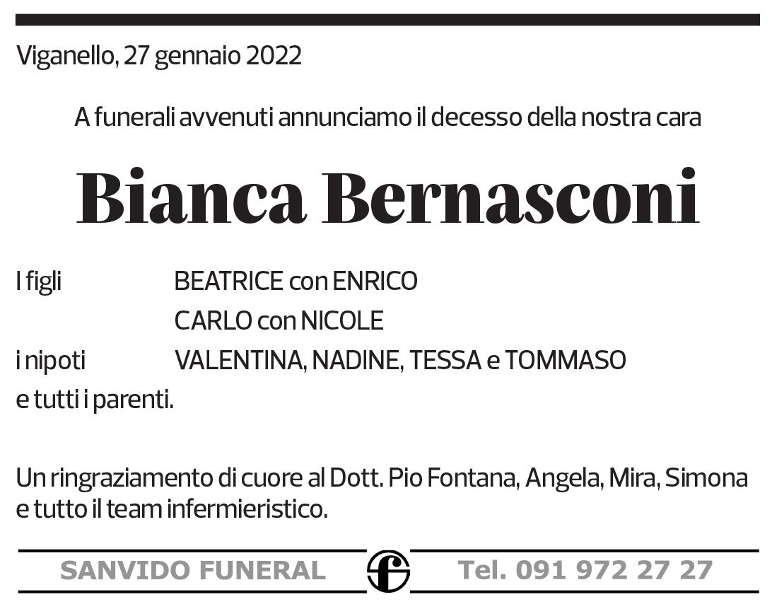 Annuncio funebre Bianca Bernasconi