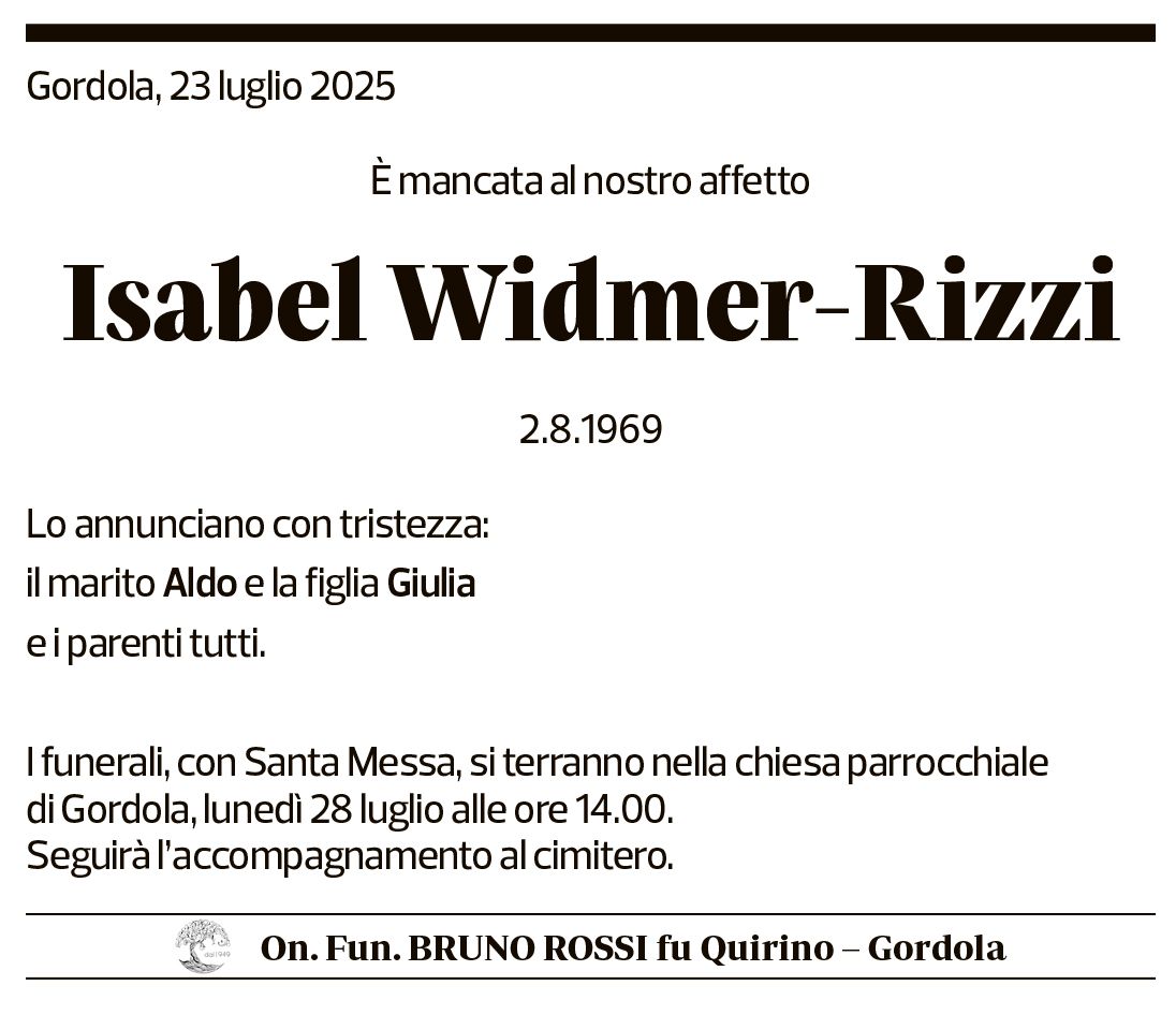 Annuncio funebre Isabel Widmer-rizzi