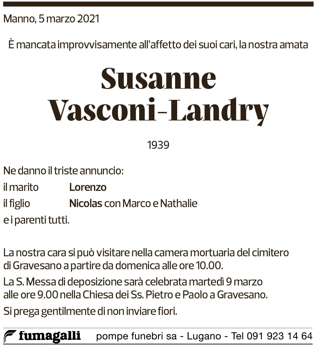 Annuncio funebre Susanne Vasconi-landry