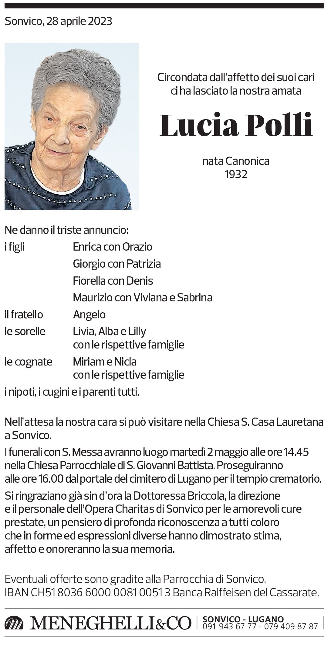 Annuncio funebre Lucia Polli