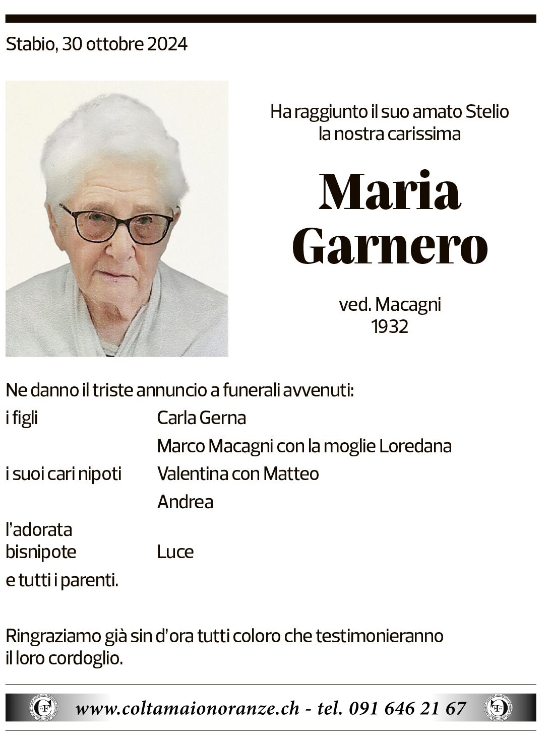 Annuncio funebre Maria Garnero