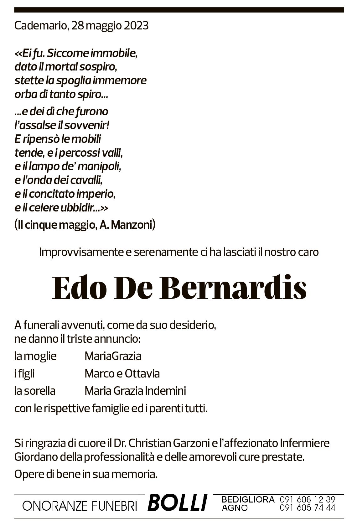Annuncio funebre Edo De Bernardis