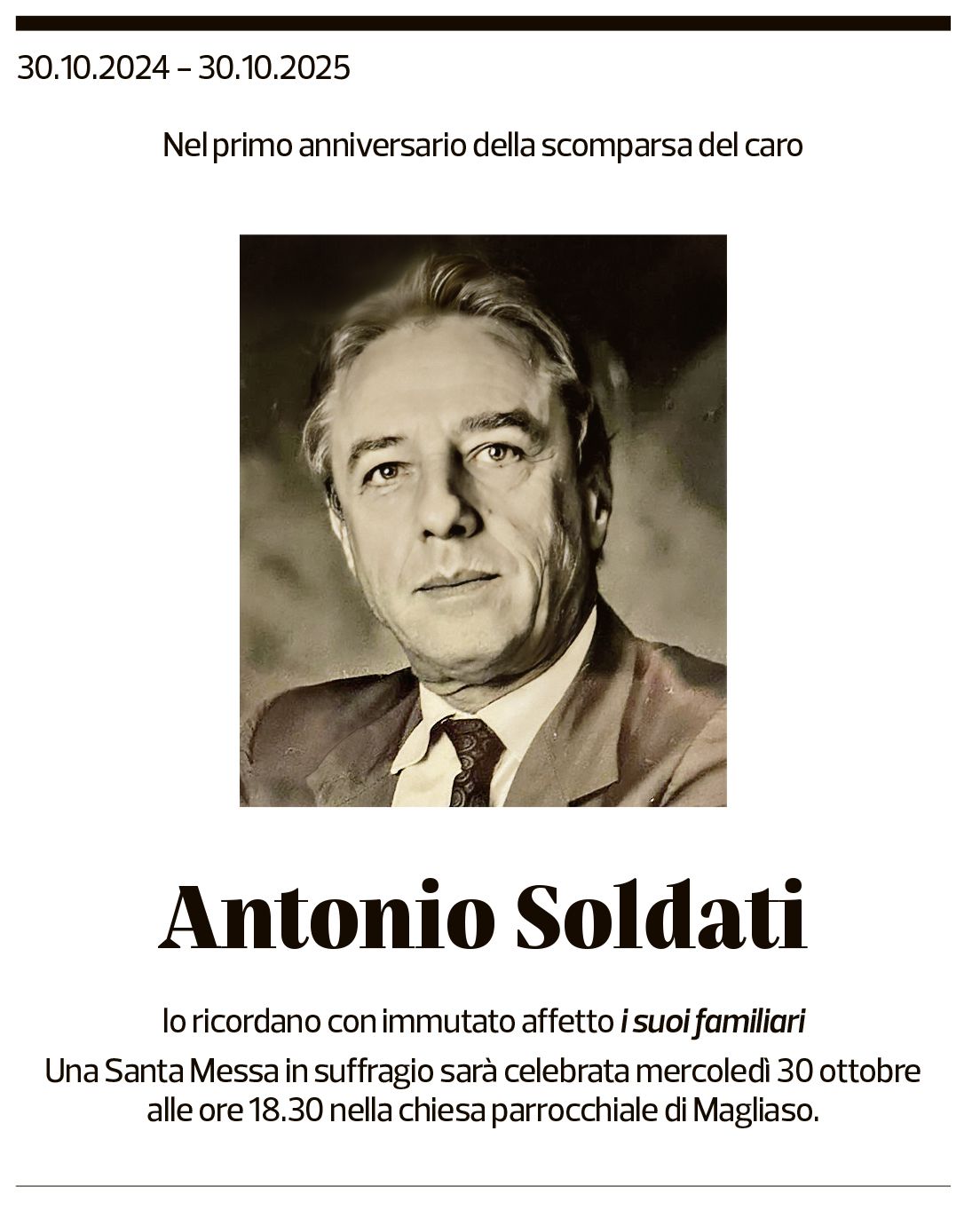 Annuncio funebre Antonio Soldati