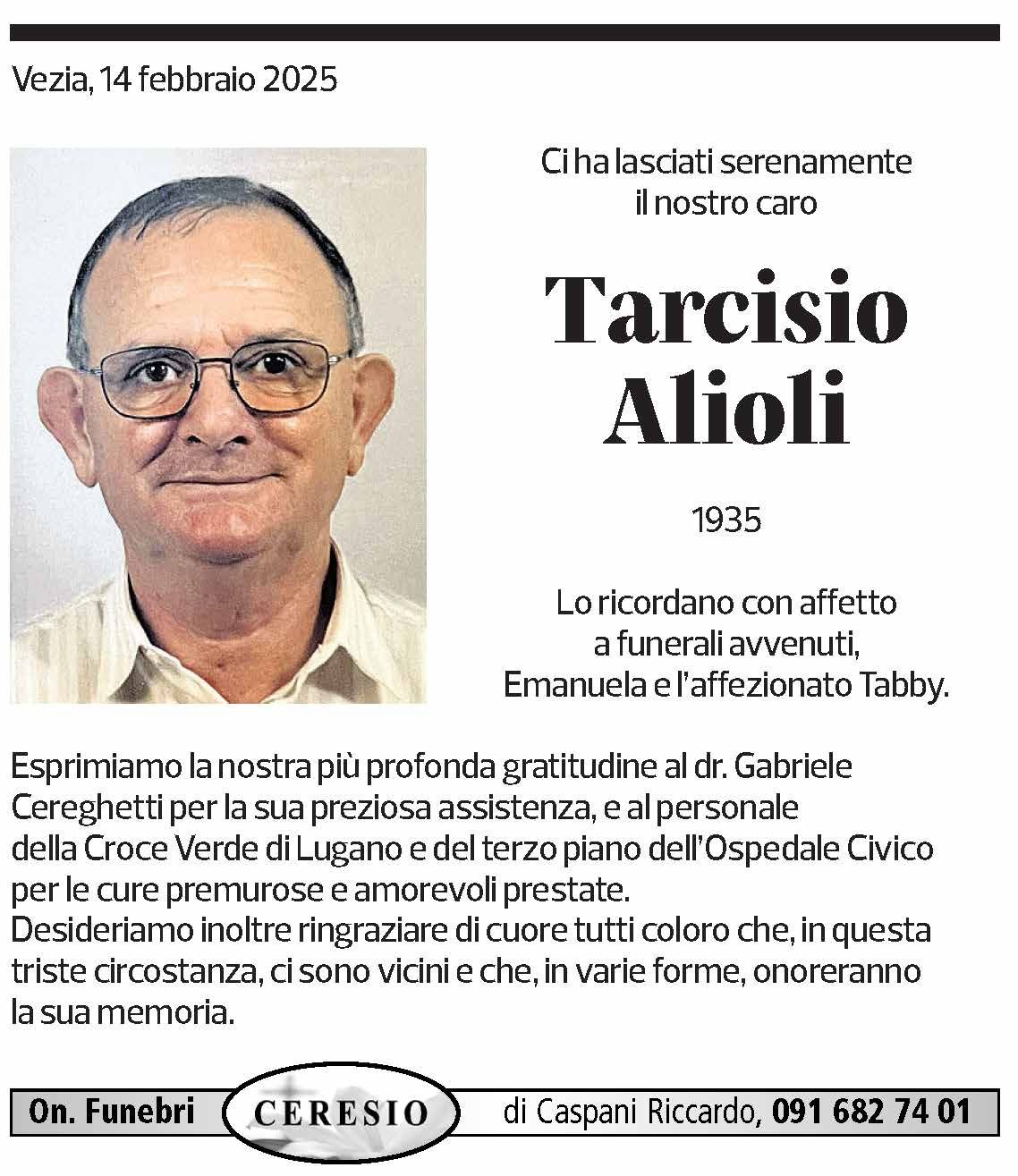 Annuncio funebre Tarcisio Alioli