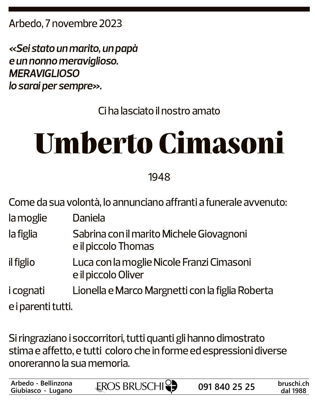 Annuncio funebre Umberto Cimasoni