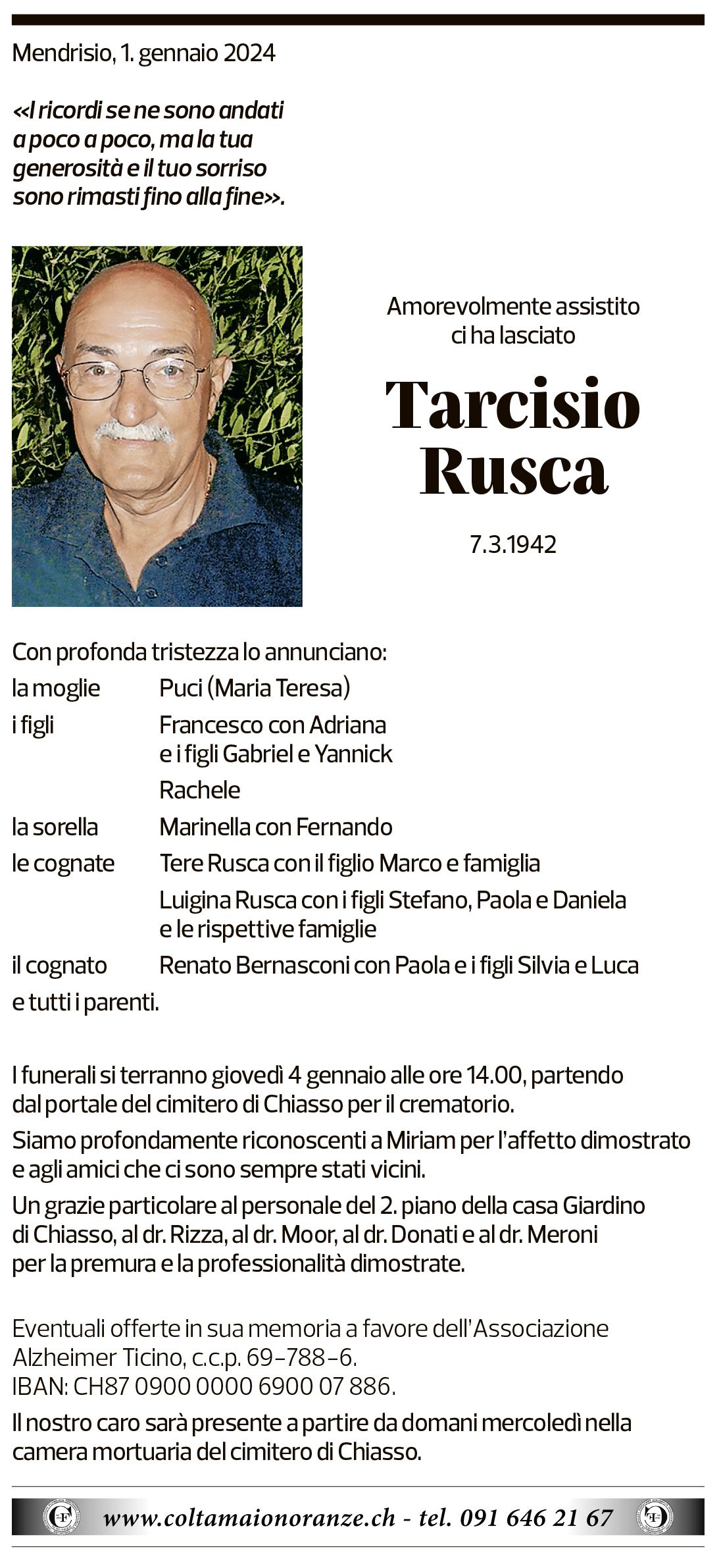 Annuncio funebre Tarcisio Rusca