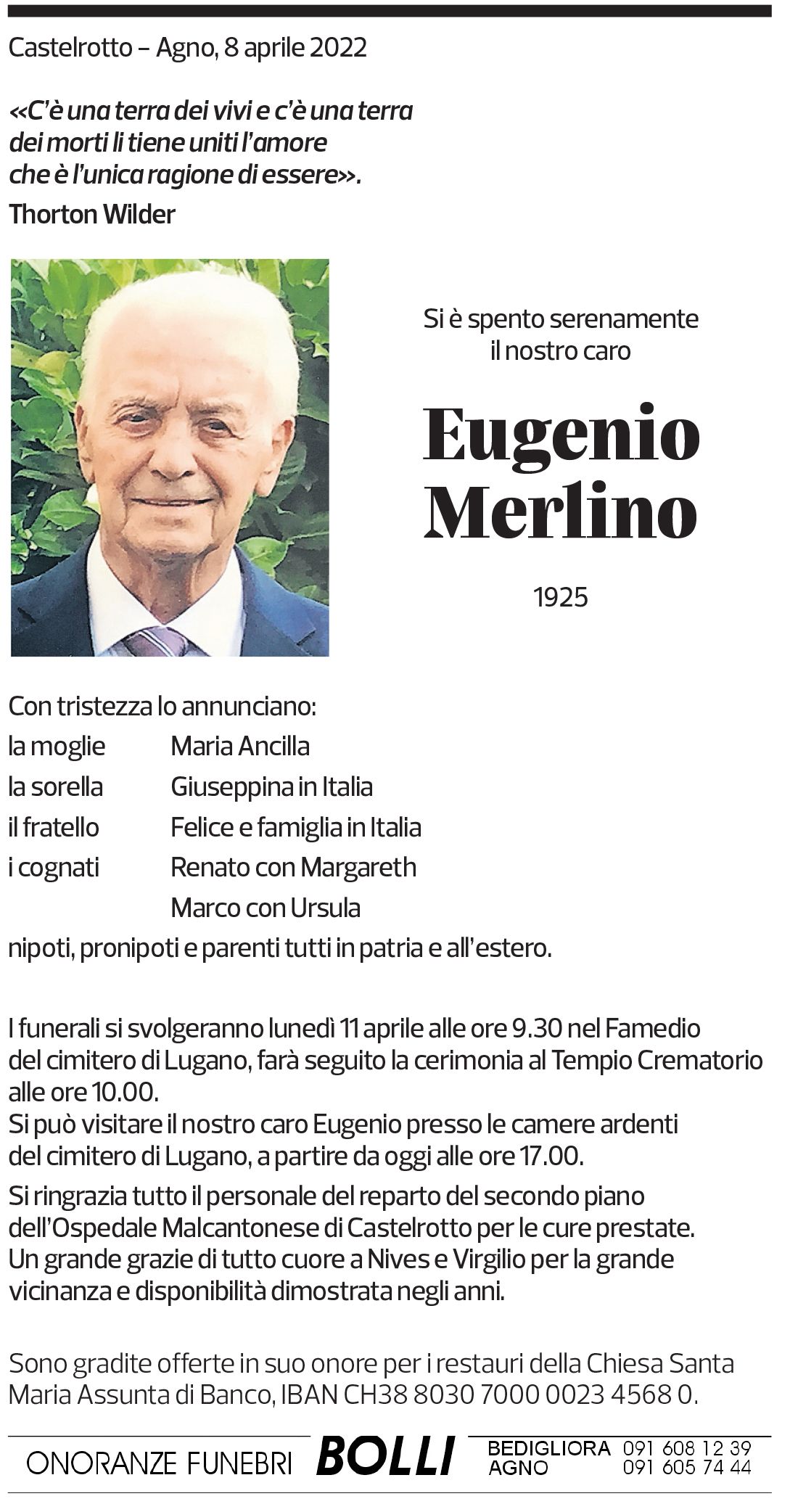 Annuncio funebre Eugenio Merlino