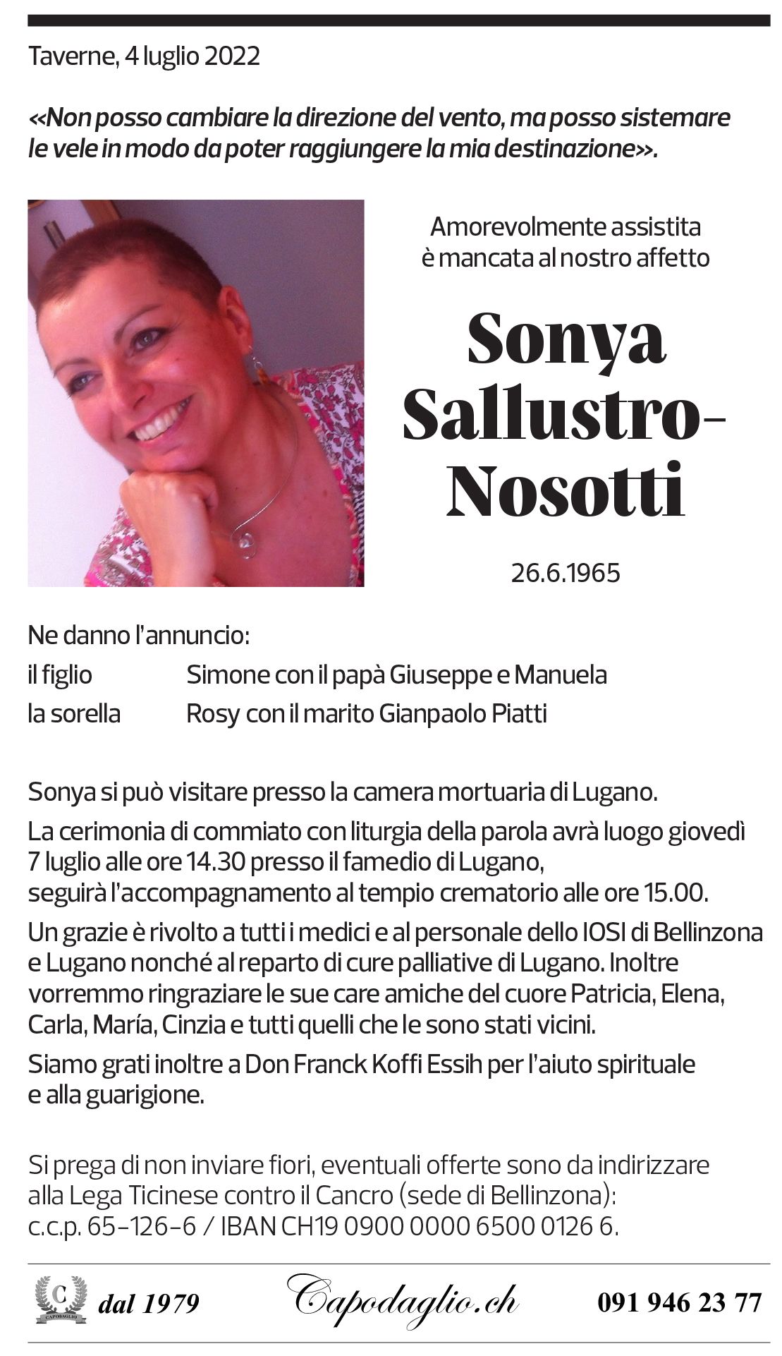 Annuncio funebre Sonya Sallustro-nosotti