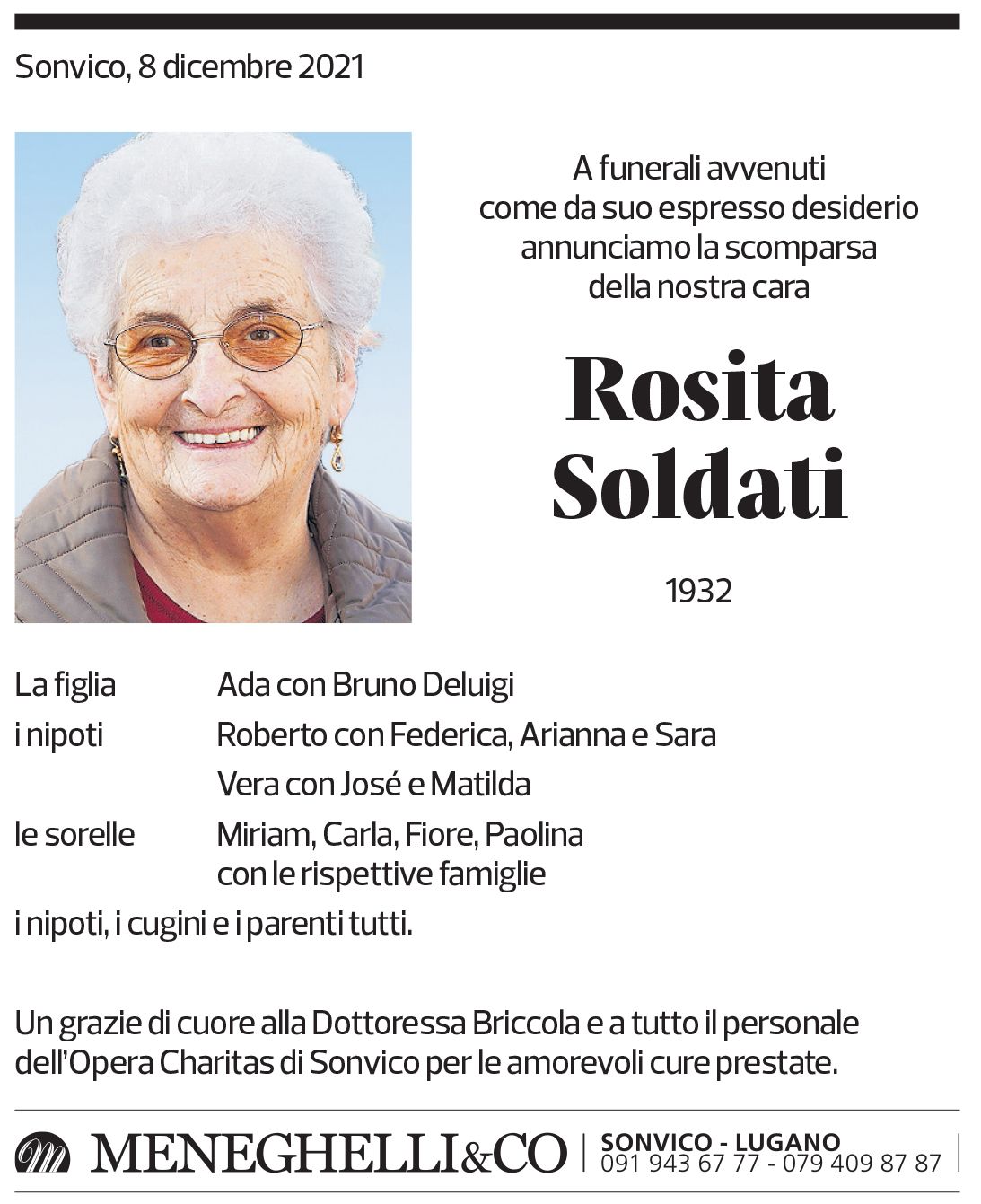 Annuncio funebre Rosita Soldati