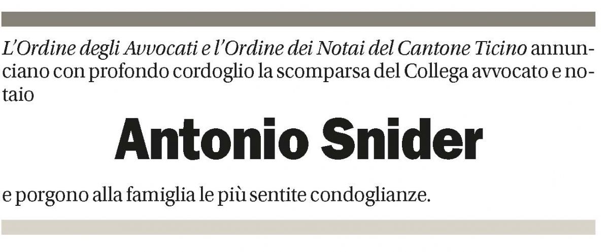 Annuncio funebre Antonio Snider