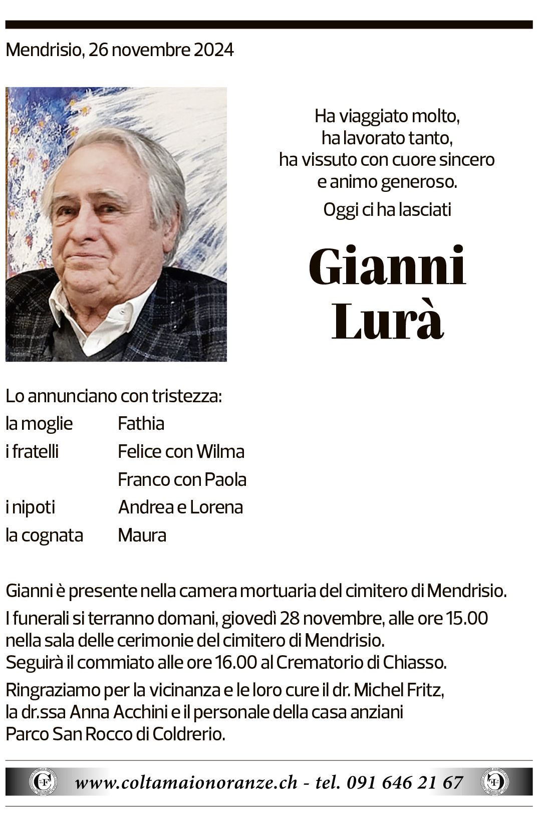 Annuncio funebre Gianni Lurà