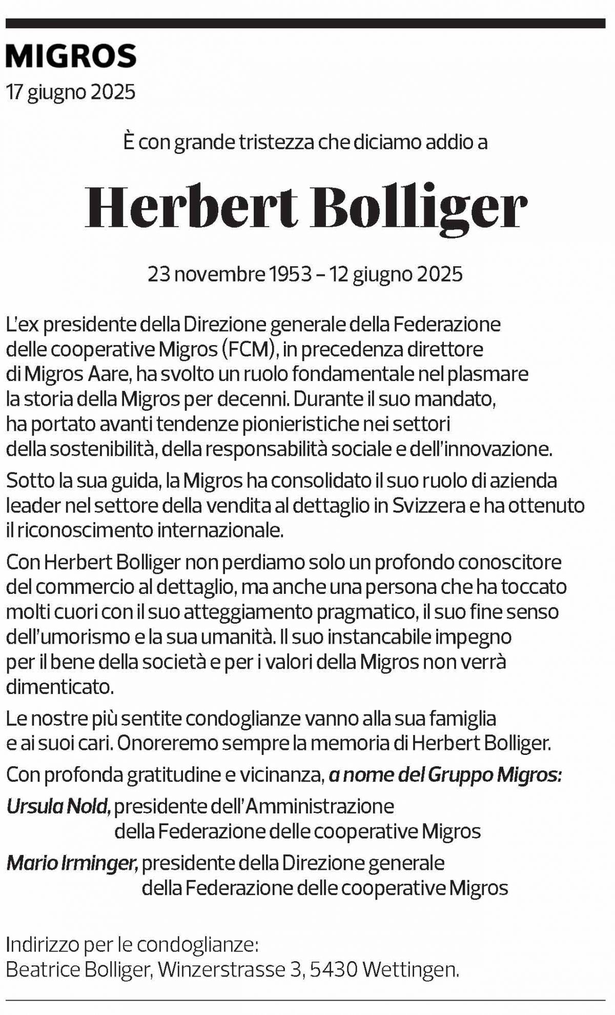 Annuncio funebre Herbert Bolliger
