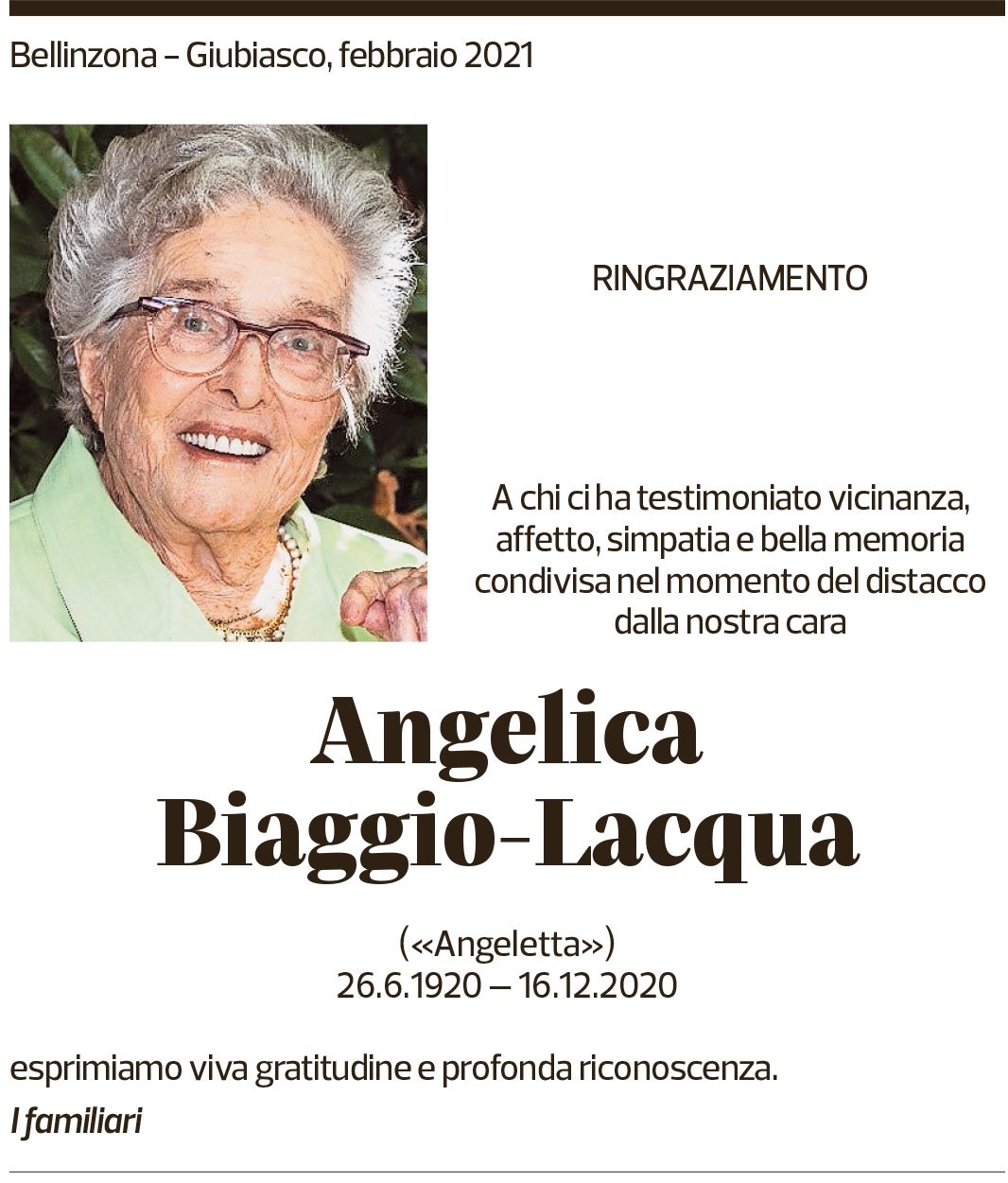 Annuncio funebre Angelica Biaggio-lacqua