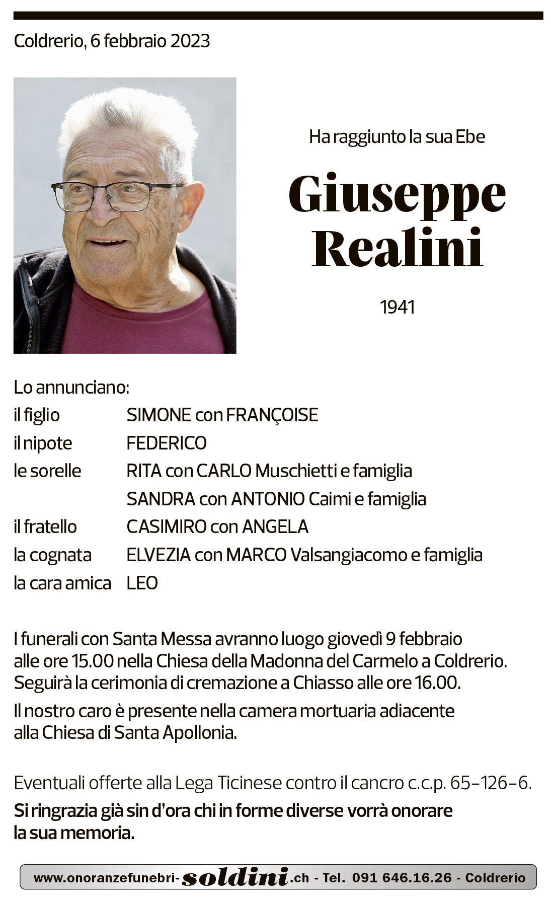 Annuncio funebre Giuseppe Realini