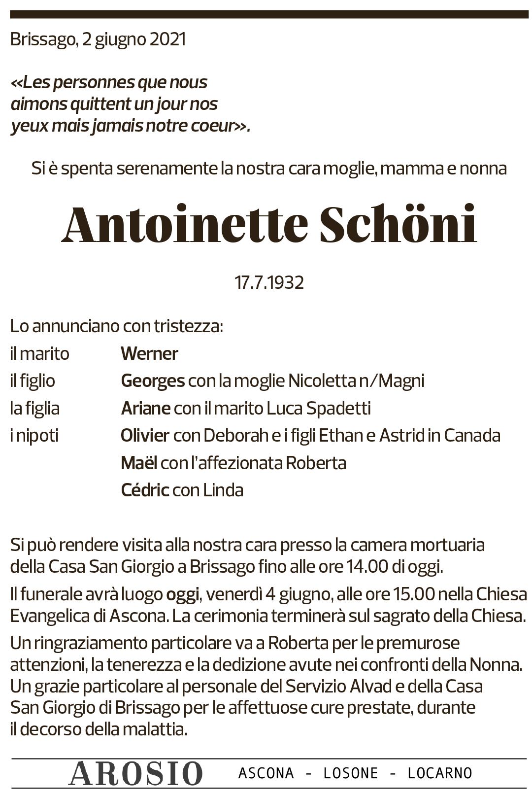 Annuncio funebre Antoinette Schöni