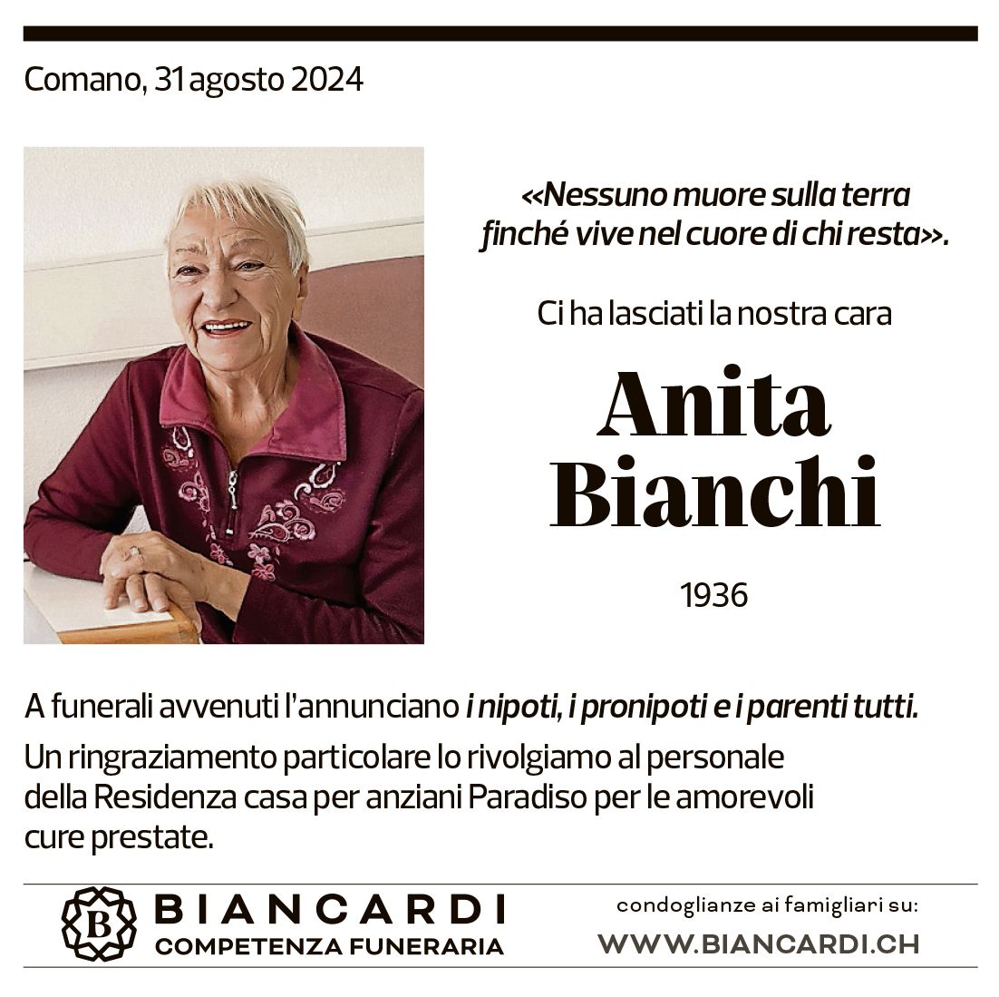 Annuncio funebre Anita Bianchi