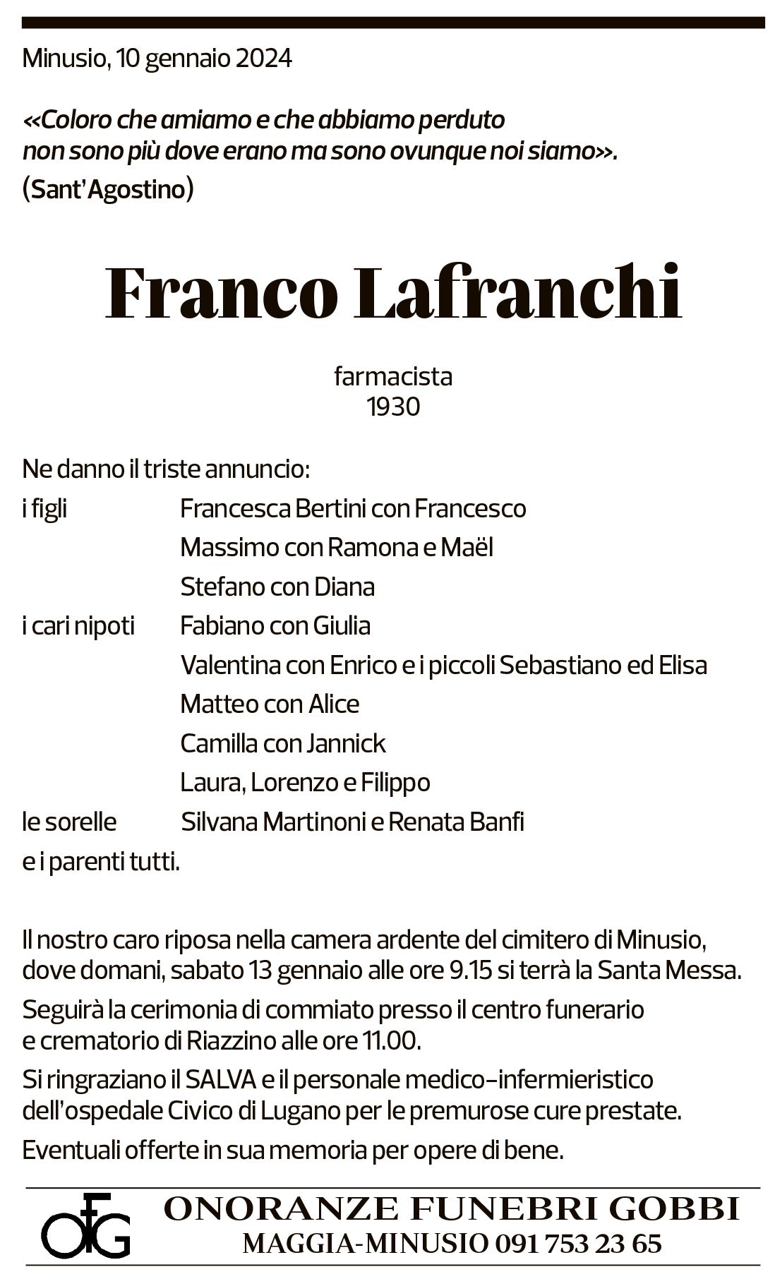 Annuncio funebre Franco Lafranchi