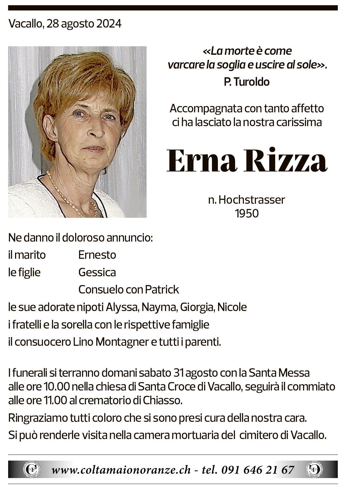 Annuncio funebre Erna Rizza