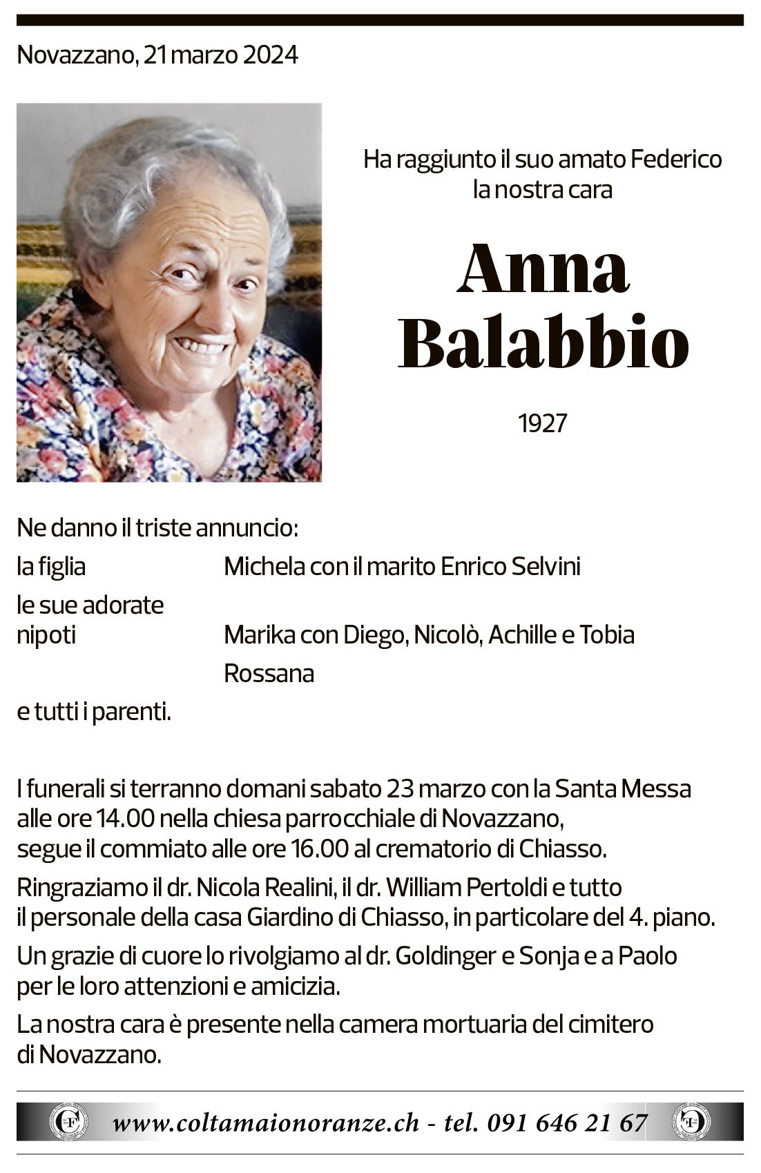 Annuncio funebre Anna Balabbio