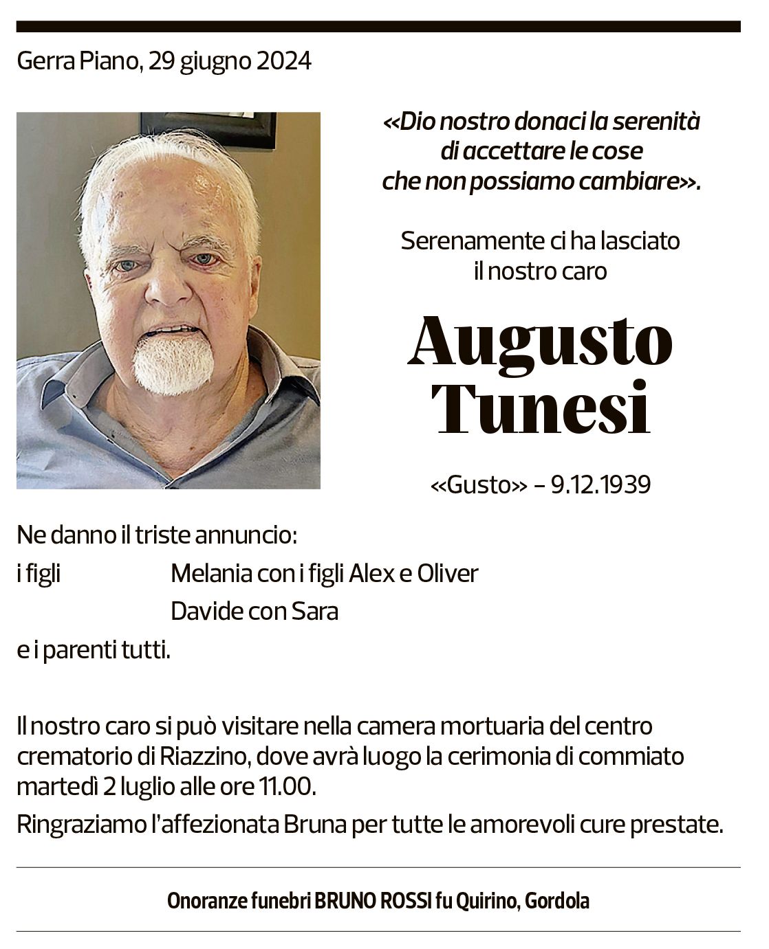 Annuncio funebre Augusto Tunesi