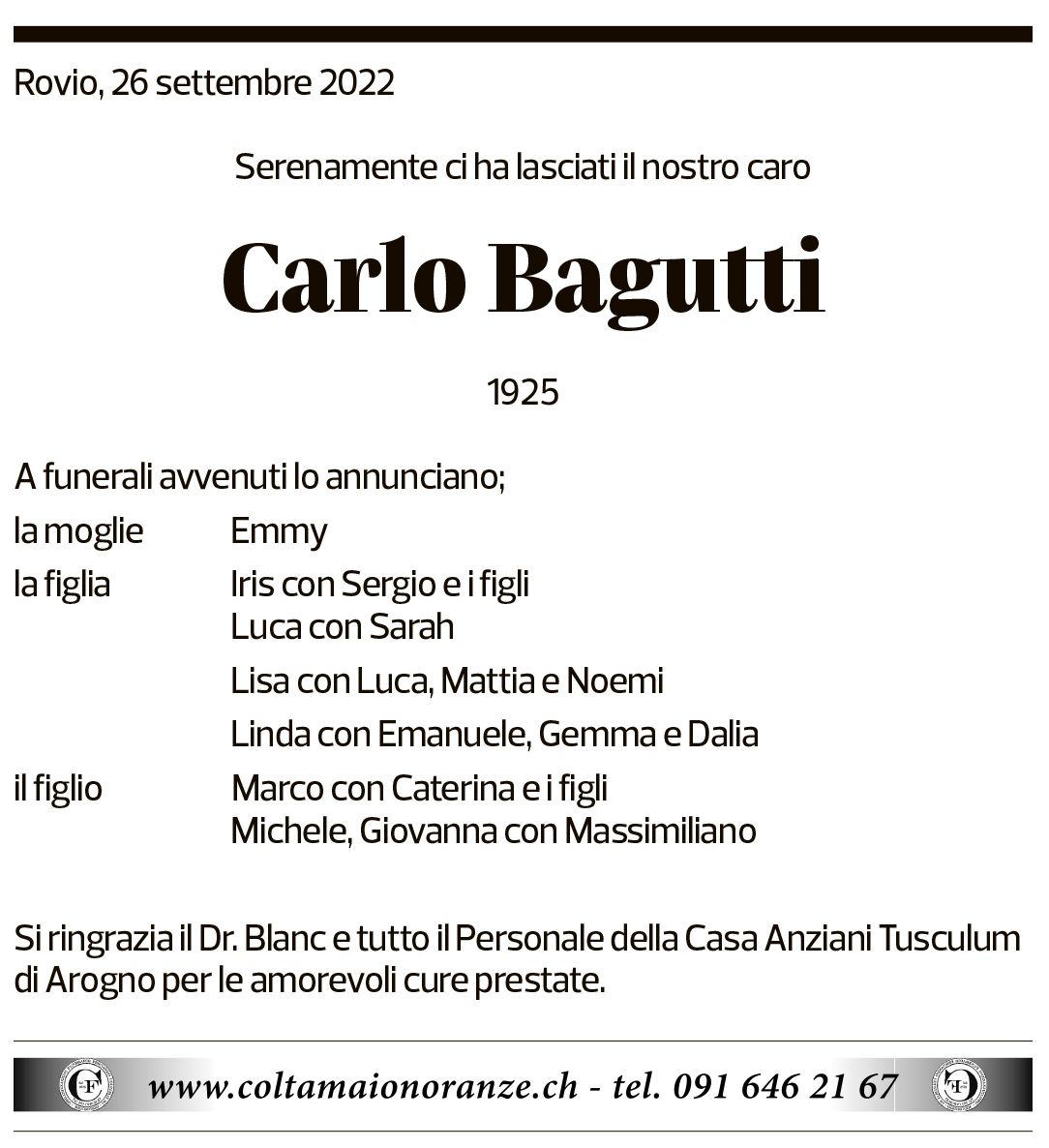 Annuncio funebre Carlo Bagutti