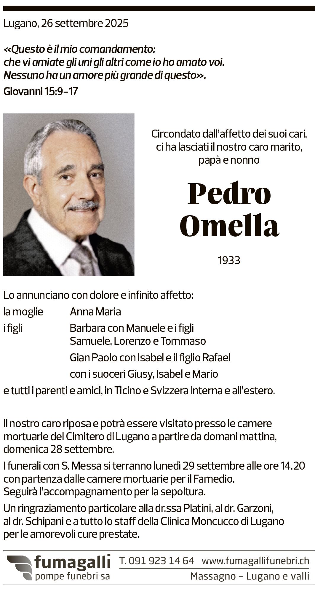 Annuncio funebre Pedro Omella