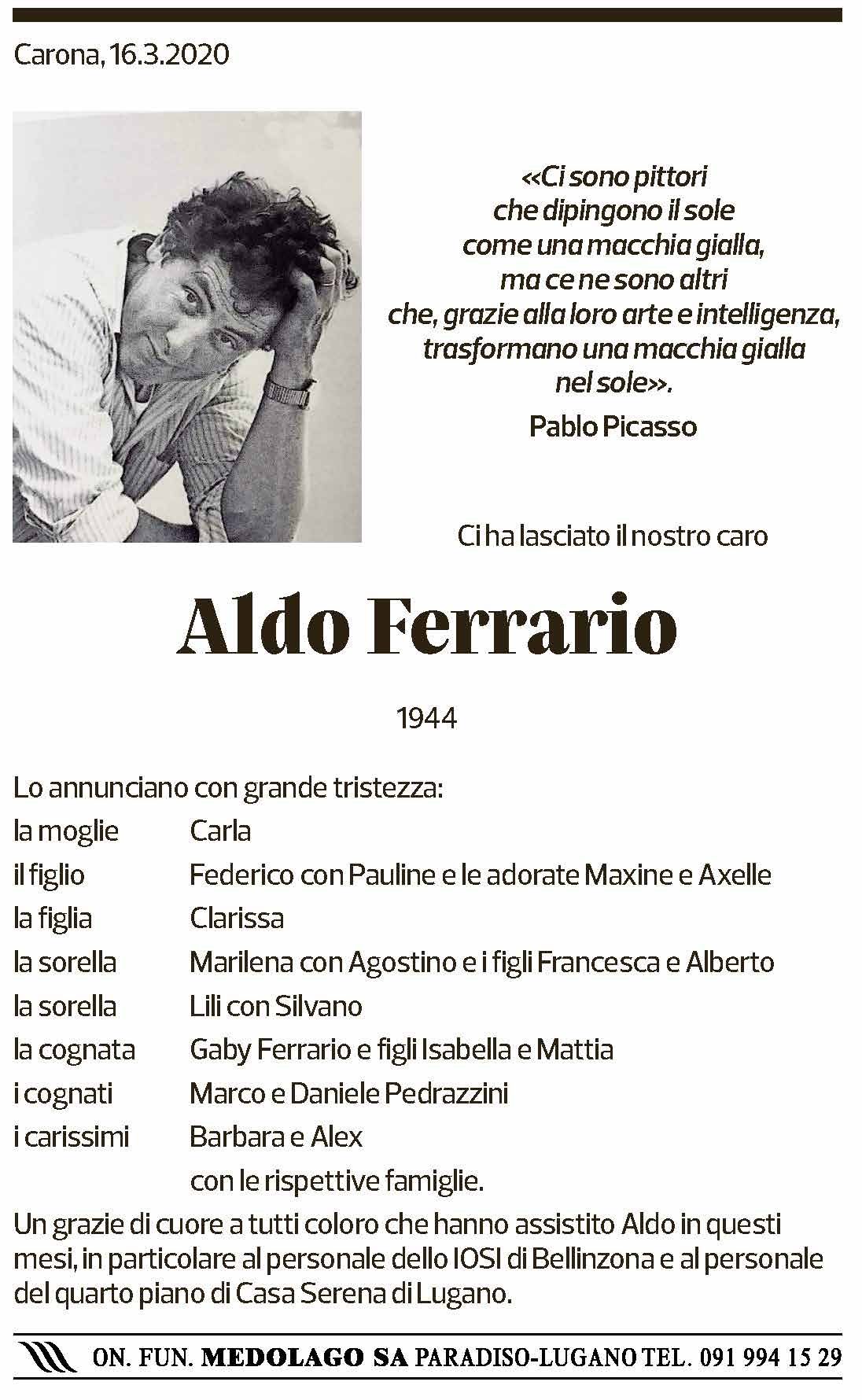 Annuncio funebre Aldo Ferrario