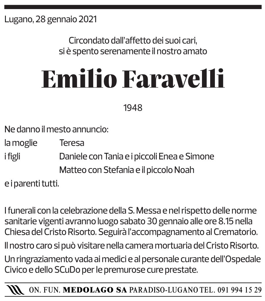 Annuncio funebre Emilio Faravelli