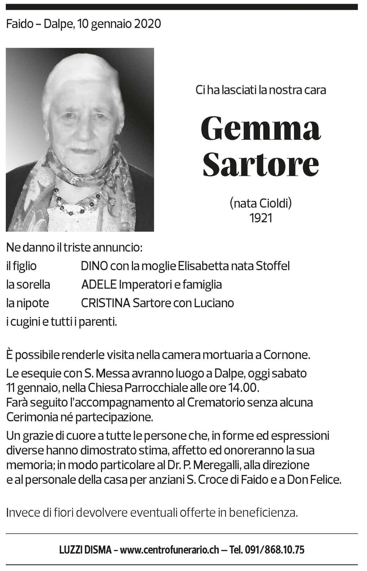 Annuncio funebre Gemma Sartore