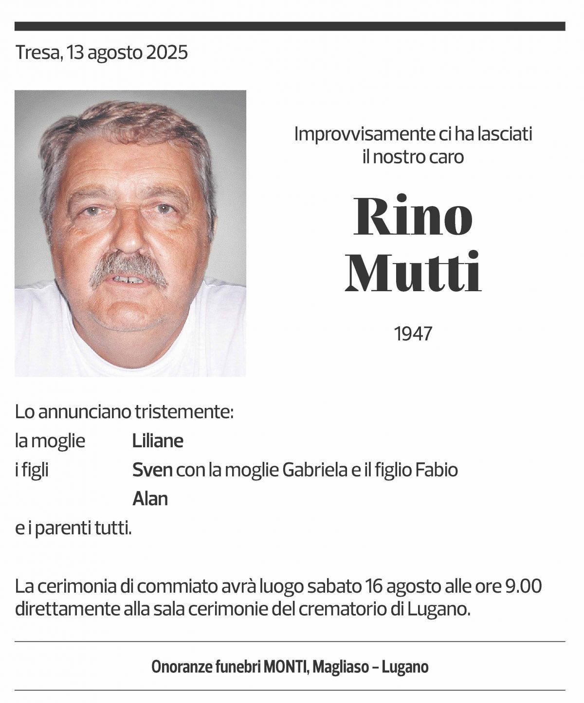 Annuncio funebre Rino Mutti