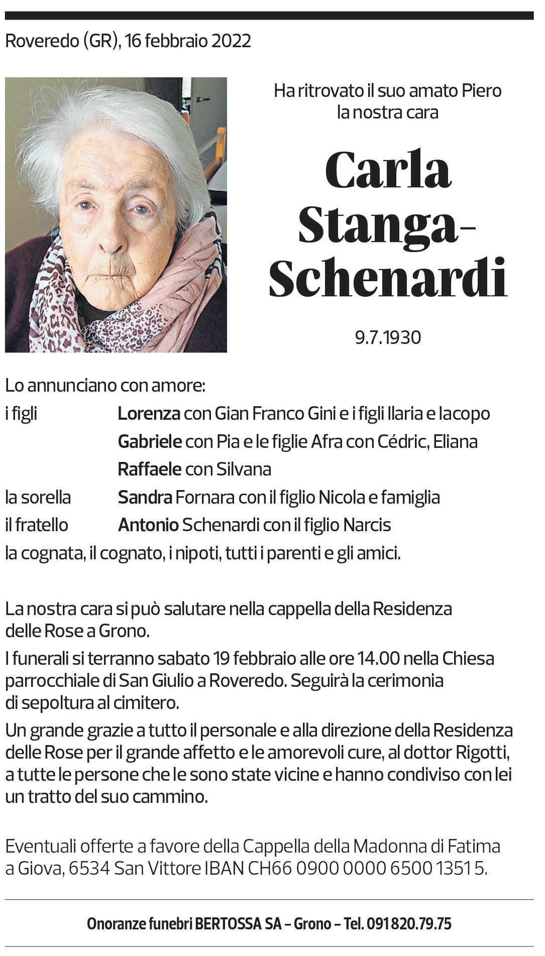 Annuncio funebre Carla Stanga-schenardi