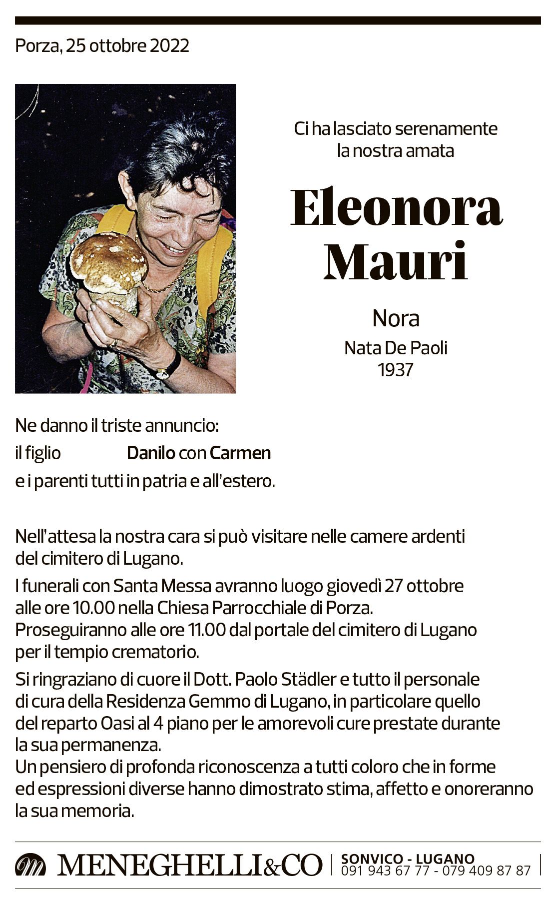 Annuncio funebre Eleonora Mauri