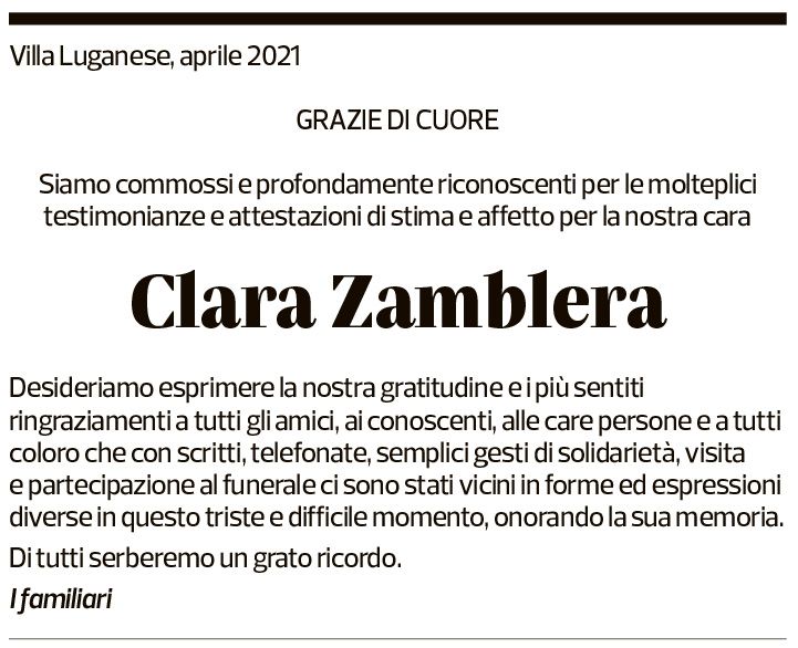 Annuncio funebre Clara Zambella